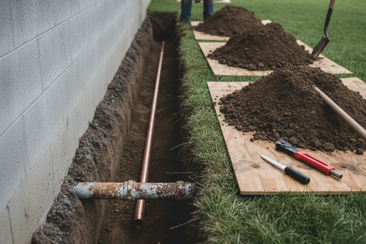 Excavated water line trench during Sewer Line Repair in Addy